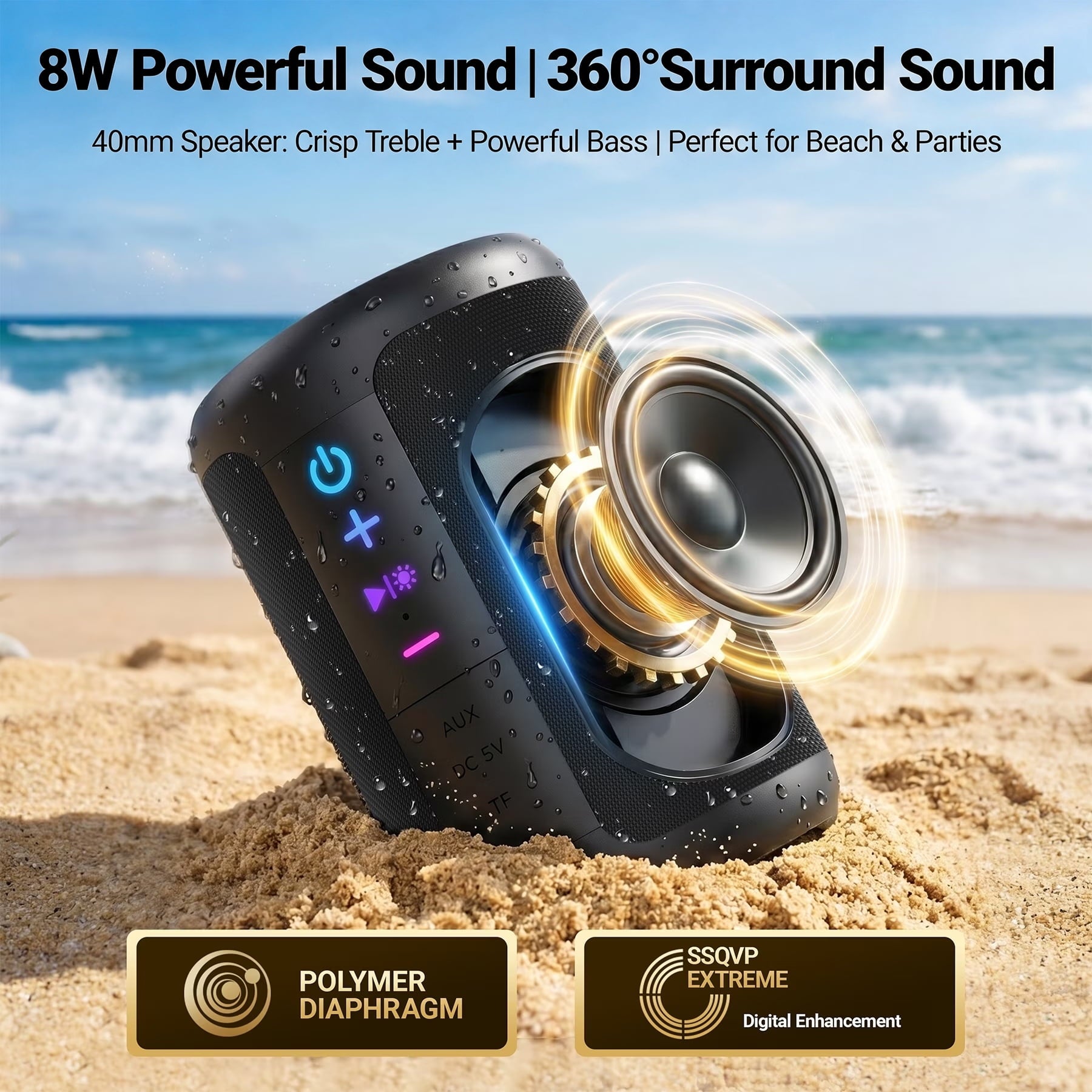 VEAT00L S16 Bluetooth speaker, Wireless Portable Bluetooth Speaker with Waterproof, Up to 24H Playtime,Powerful Bass,BT 5.4,LED Lights,TWS Pairing for Home/Party/Outdoor/Beach,Birthday Gift