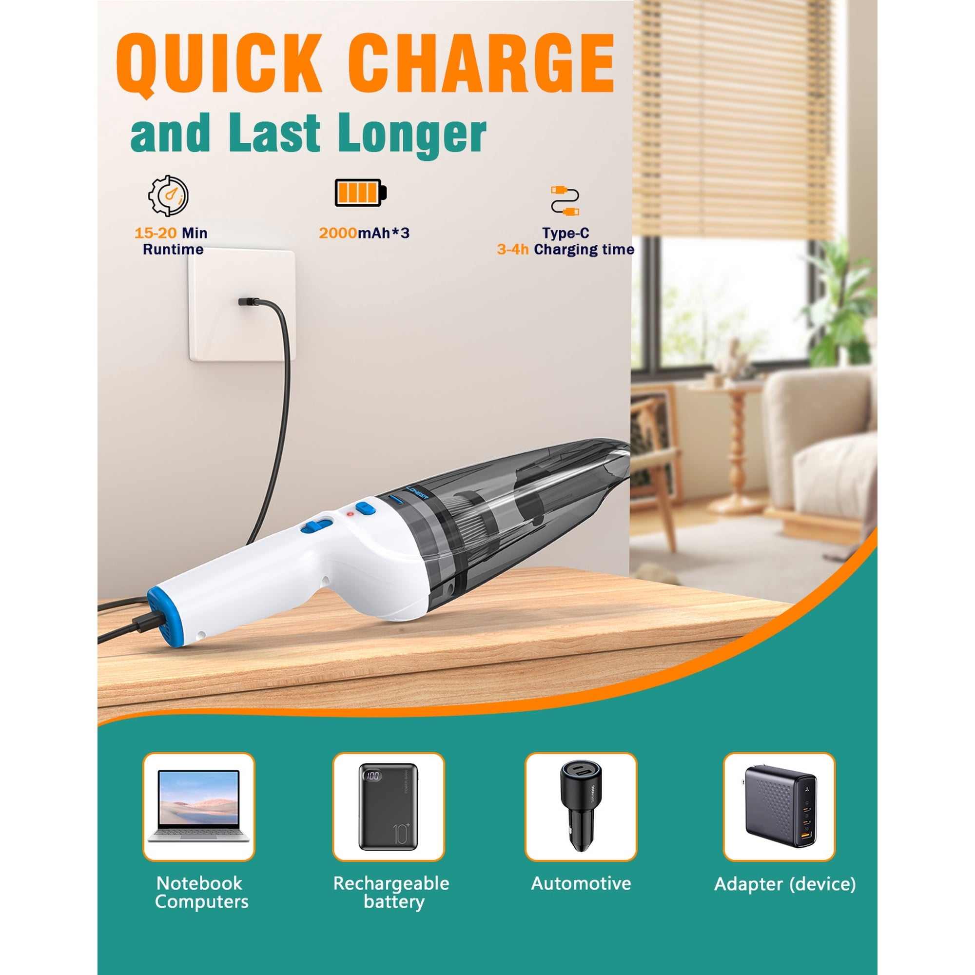 SEANEL Handheld Vacuum Cordless, 9.5KPA Hand Vacuum Cleaner, Portable Lightweight for Home Pet